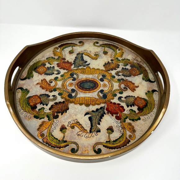 Novica Reverse Painted 15.75” Gold Floral Motifs Heaven Serving‎ Tray w/ Handles - Picture 1 of 4